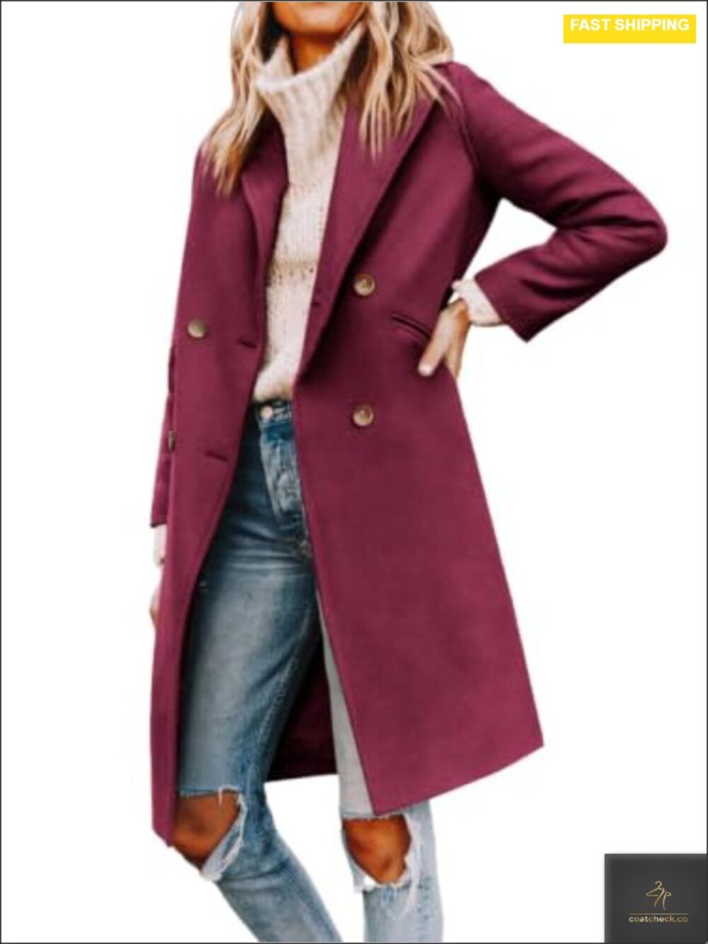 Womens Notched Lapel Double Breasted Pea Coat Mid Long Wool Blend Winter